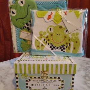 NWT Toddler plate, bowl, spoon & fork set. Includes Frog Bib & Hooded towel set